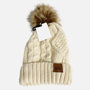 NWT Belle Chucky Cable Knit Beanie Cap Hat Ribbed Band Cream Hat Brown PomPom